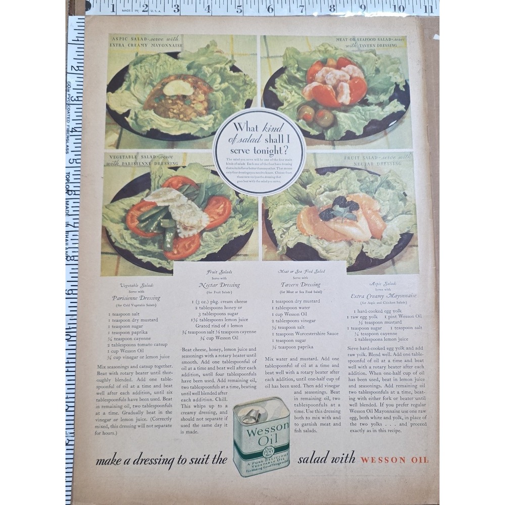 1932 Wesson Oil Vintage Print Ad Salad Recipes Dressing Kitchen Decor Wall Art